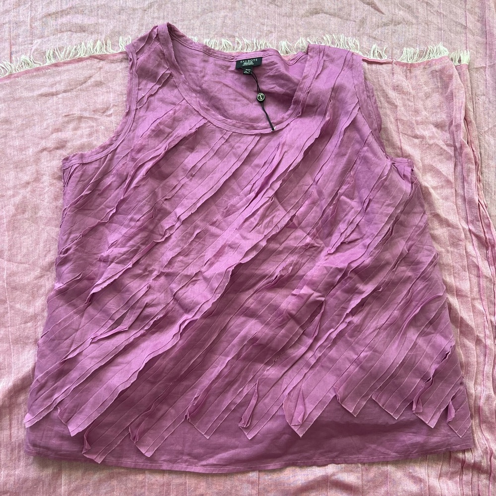 Talbots raw edge ruffle sleeveless cotton top in purple